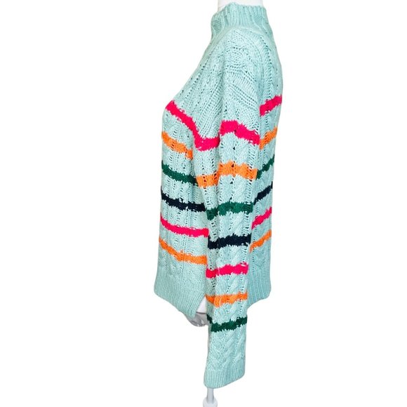 John + Jenn Blue/Green Cable-Knit Striped Turtleneck Sweater Size Small - Picture 3 of 9